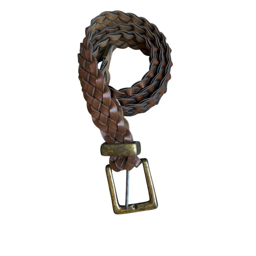 Vintage Festival Boho Brown Woven Braided Belt Brass Buckle
